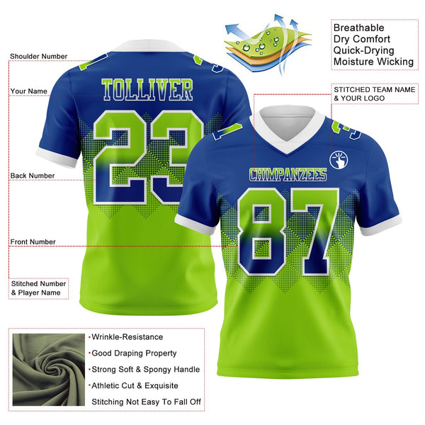 Custom Royal Neon Green-White Authentic Gradient Square Shape  7V7 Flag Football Jersey alternate