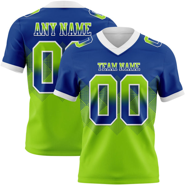 Custom Royal Neon Green-White Authentic Gradient Square Shape 7V7 Flag Football Jersey