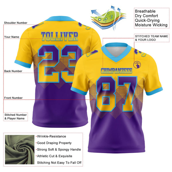 Custom Yellow Purple-Sky Blue Authentic Gradient Square Shape 7V7 Flag Football Jersey alternate