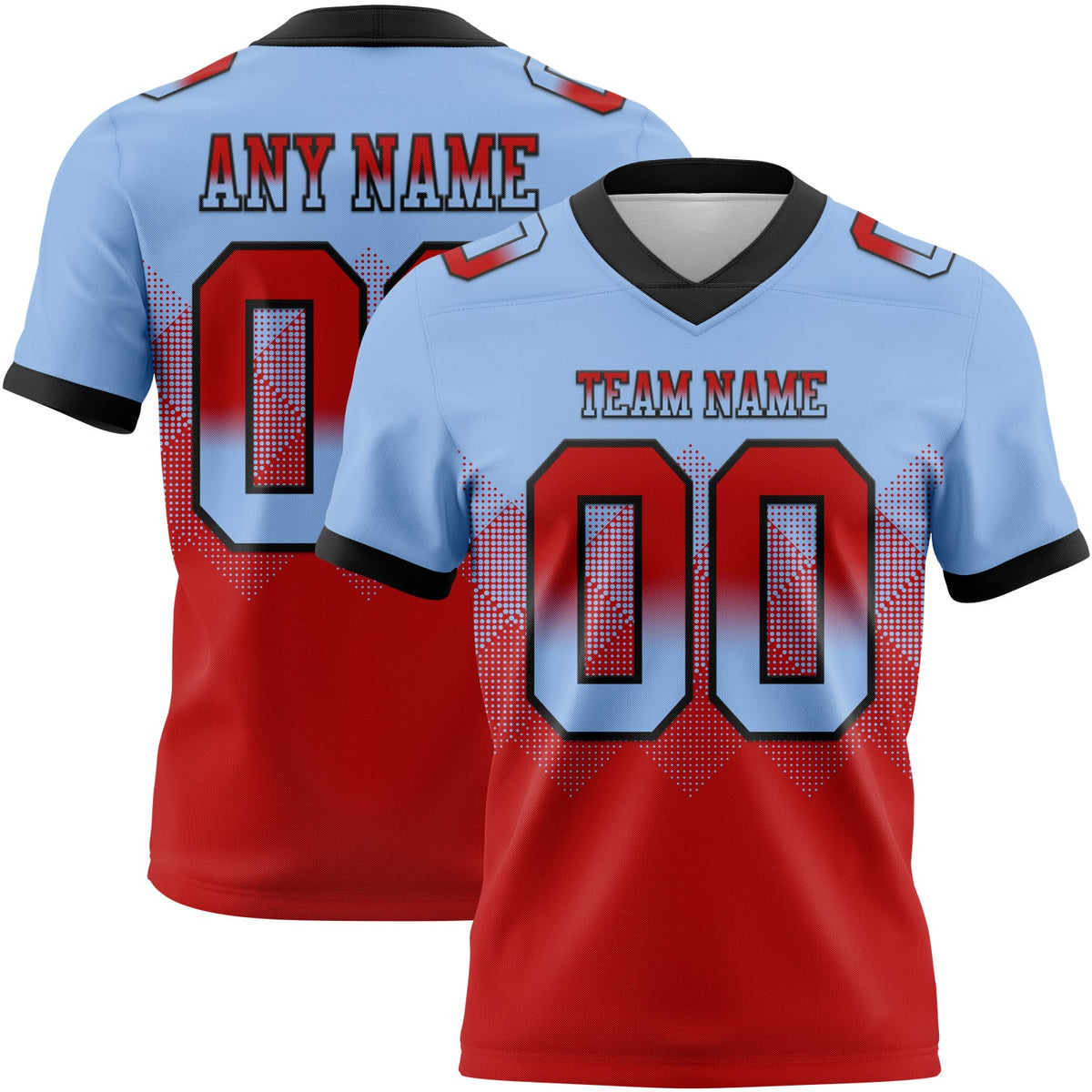 Custom Light Blue Red-Black Authentic Gradient Square Shape 7V7 Flag Football Jersey