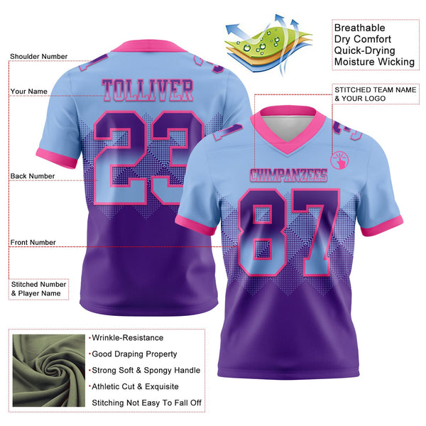 Custom Light Blue Purple-Pink Authentic Gradient Square Shape 7V7 Flag Football Jersey alternate