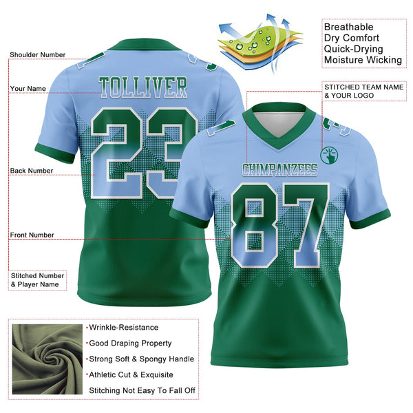Custom Light Blue Kelly Green-White Authentic Gradient Square Shape 7V7 Flag Football Jersey alternate