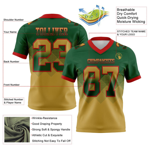 Custom Green Old Gold-Red Authentic Gradient Square Shape 7V7 Flag Football Jersey alternate