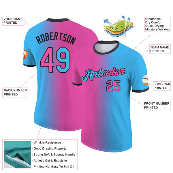 Custom Sky Blue Pink-Black Gradient Fashion Performance T-Shirt alternate