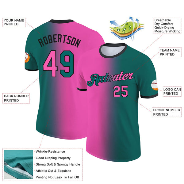 Custom Teal Pink-Black Gradient Fashion Performance T-Shirt alternate