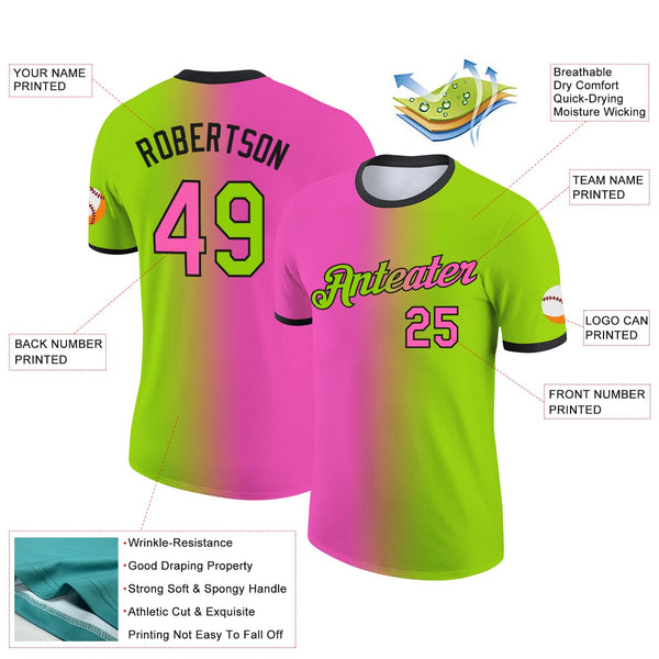 Custom Neon Green Pink-Black Gradient Fashion Performance T-Shirt alternate