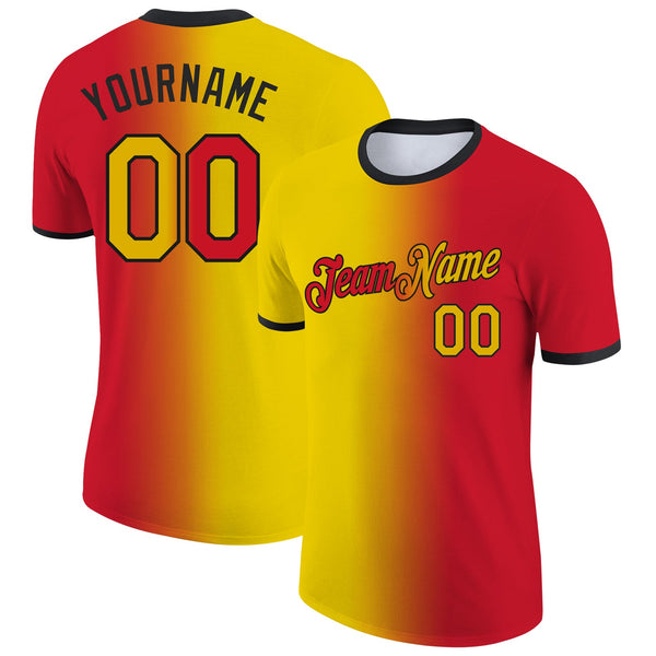 Custom Red Yellow-Black Gradient Fashion Performance T-Shirt