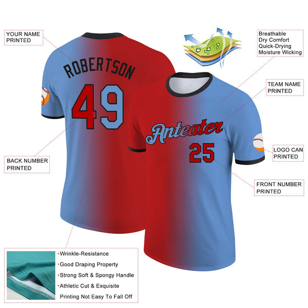 Custom Light Blue Red-Black Gradient Fashion Performance T-Shirt alternate