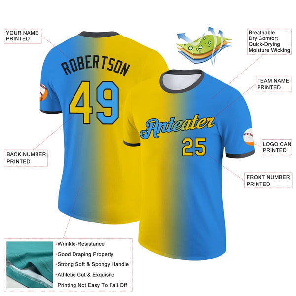 Custom Powder Blue Yellow-Black Gradient Fashion Performance T-Shirt alternate