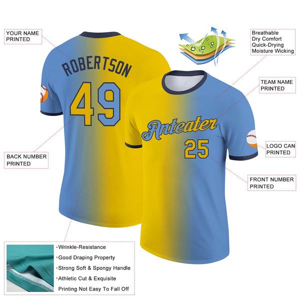 Custom Light Blue Yellow-Navy Gradient Fashion Performance T-Shirt alternate