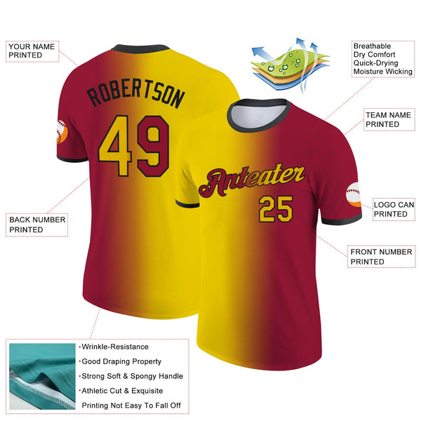 Custom Crimson Yellow-Black Gradient Fashion Performance T-Shirt alternate