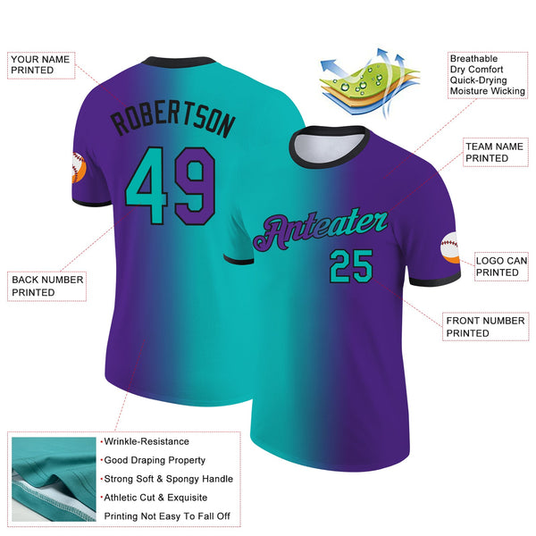 Custom Purple Aqua-Black Gradient Fashion Performance T-Shirt alternate