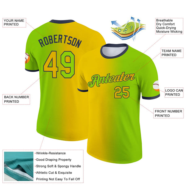 Custom Neon Green Yellow-Navy Gradient Fashion Performance T-Shirt alternate