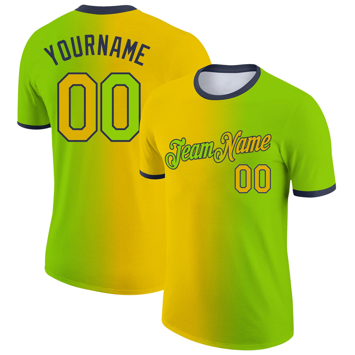 Custom Neon Green Yellow-Navy Gradient Fashion Performance T-Shirt