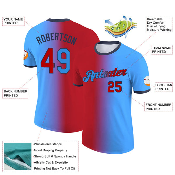 Custom Powder Blue Red-Navy Gradient Fashion Performance T-Shirt alternate