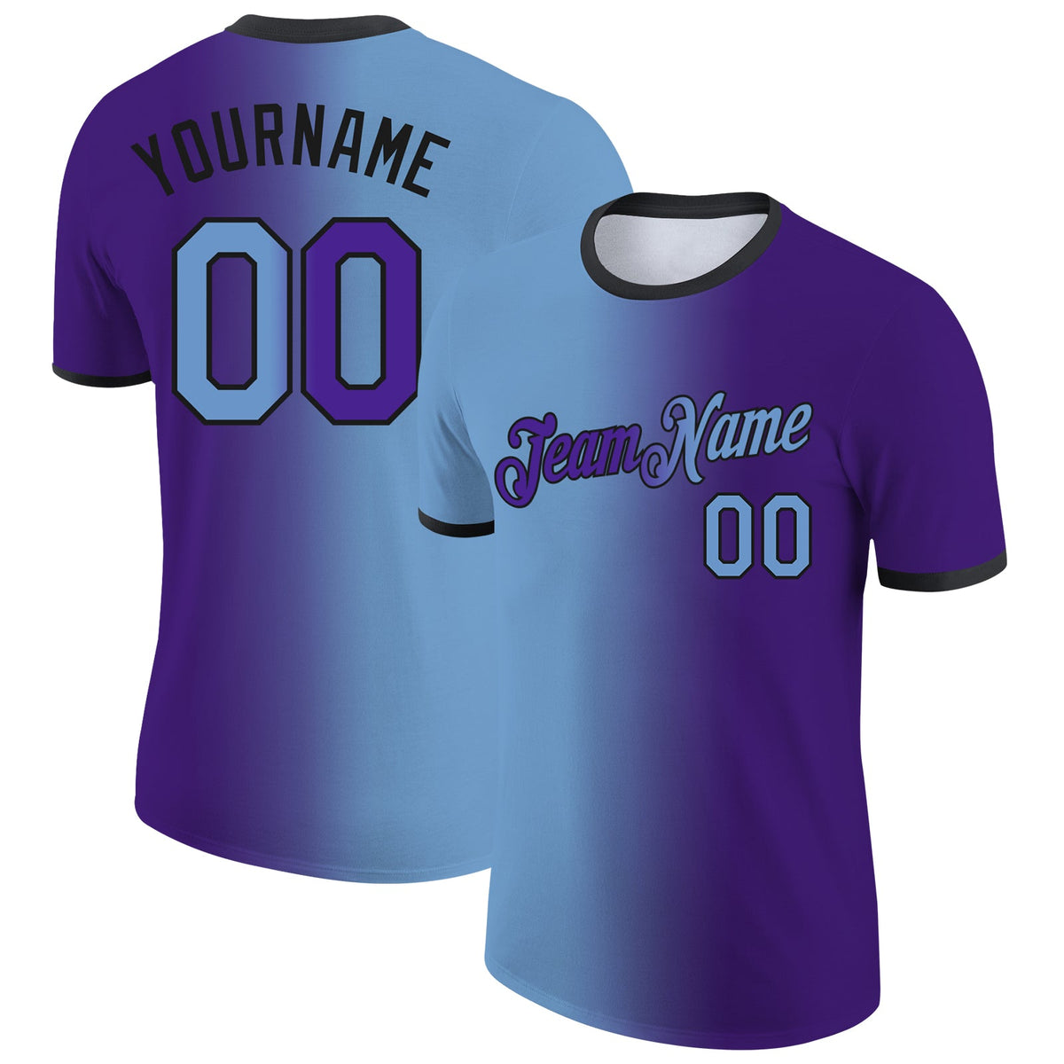 Custom Purple Light Blue-Black Gradient Fashion Performance T-Shirt