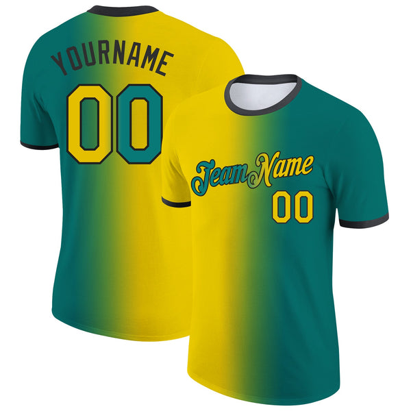 Custom Teal Yellow-Black Gradient Fashion Performance T-Shirt