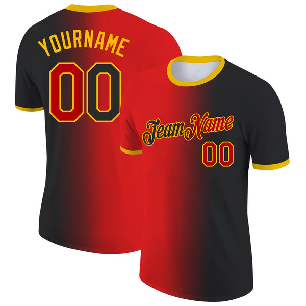 Custom Black Red-Gold Gradient Fashion Performance T-Shirt