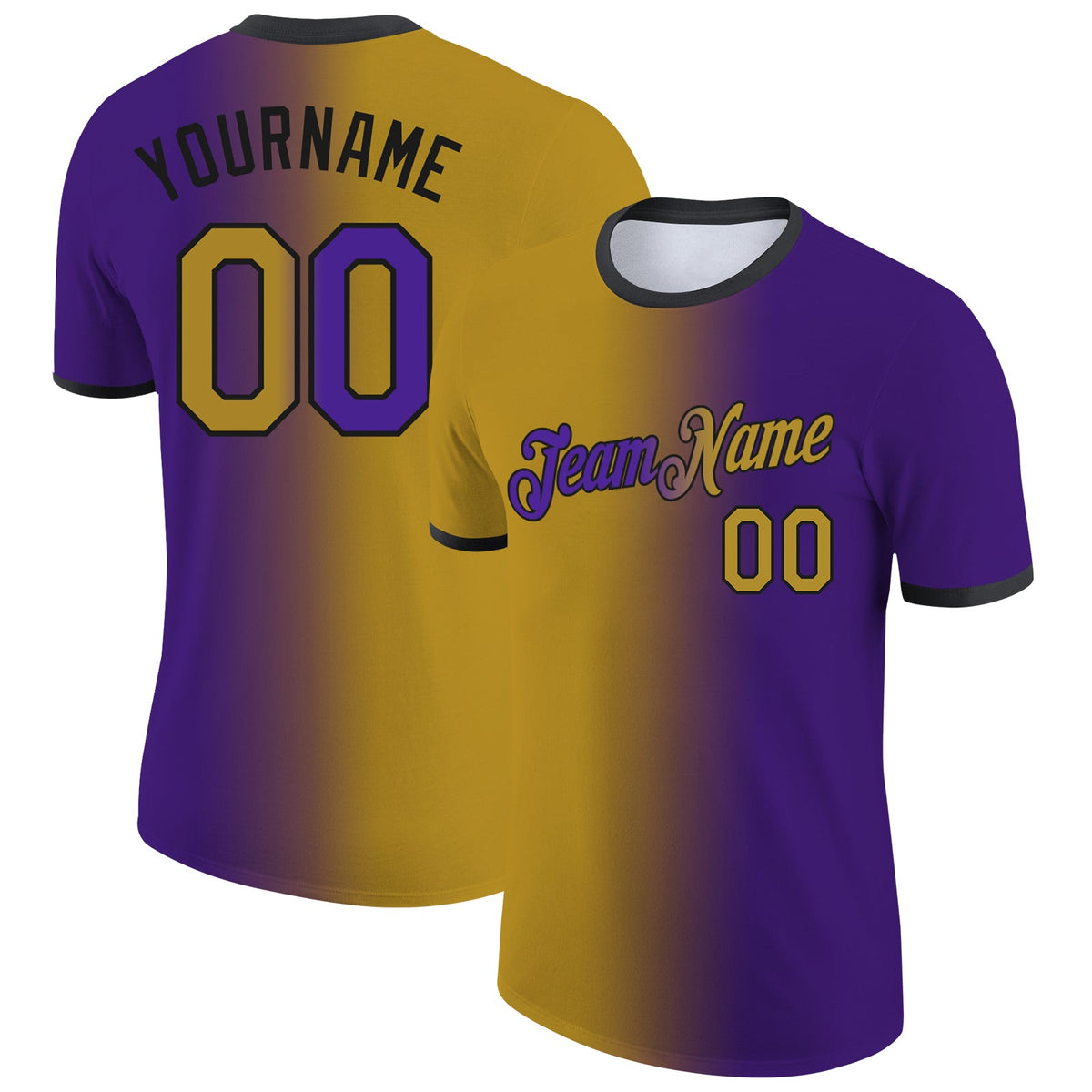 Custom Purple Old Gold-Black Gradient Fashion Performance T-Shirt