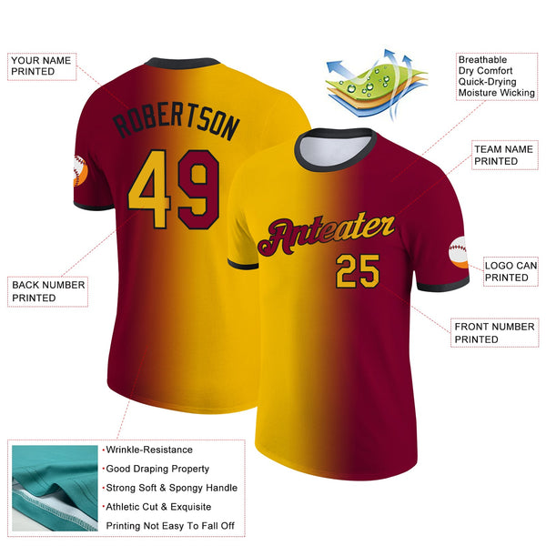 Custom Maroon Gold-Black Gradient Fashion Performance T-Shirt alternate