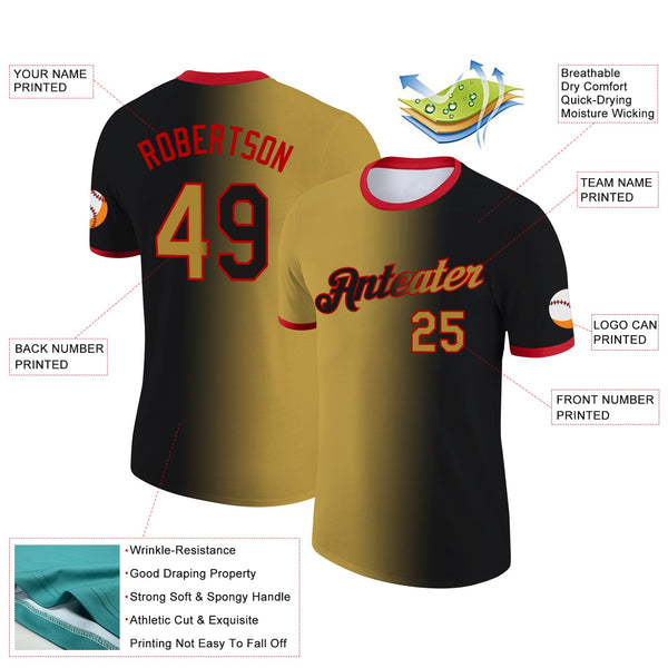 Custom Black Old Gold-Red Gradient Fashion Performance T-Shirt alternate