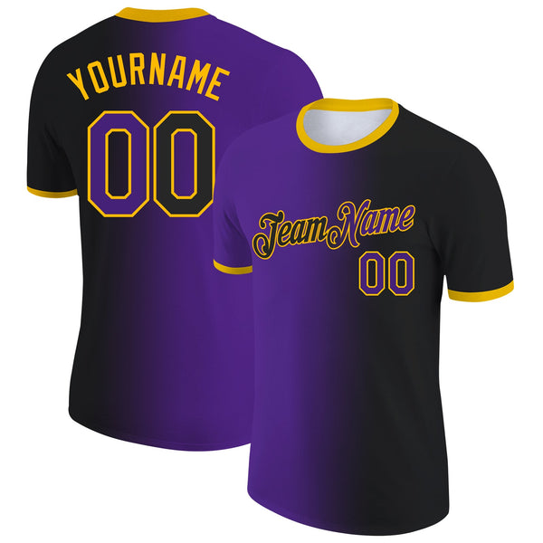 Custom Black Purple-Gold Gradient Fashion Performance T-Shirt