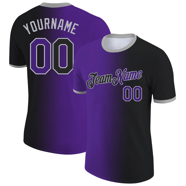 Custom Black Purple-Gray Gradient Fashion Performance T-Shirt