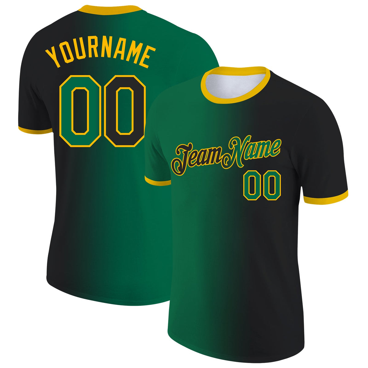 Custom Black Kelly Green-Gold Gradient Fashion Performance T-Shirt
