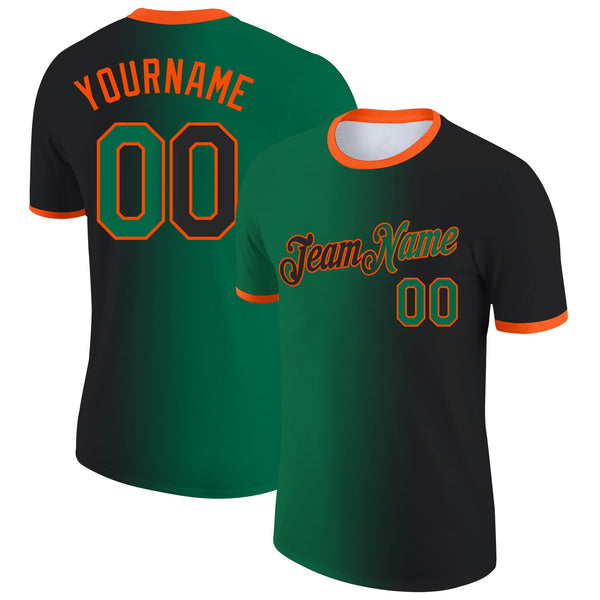 Custom Black Kelly Green-Orange Gradient Fashion Performance T-Shirt