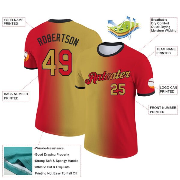 Custom Red Old Gold-Black Gradient Fashion Performance T-Shirt alternate