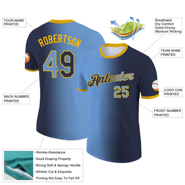 Custom Navy Light Blue-Gold Gradient Fashion Performance T-Shirt alternate
