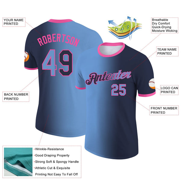 Custom Navy Light Blue-Pink Gradient Fashion Performance T-Shirt alternate