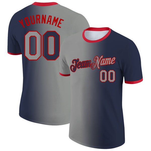 Custom Navy Gray-Red Gradient Fashion Performance T-Shirt