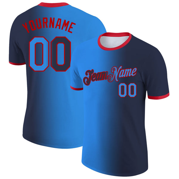 Custom Navy Powder Blue-Red Gradient Fashion Performance T-Shirt