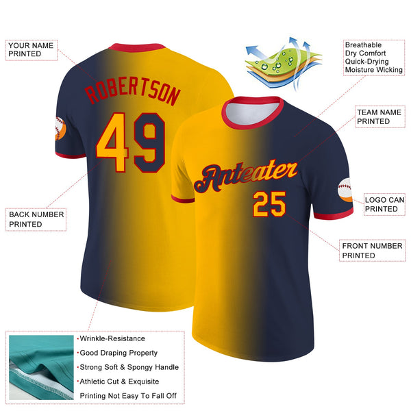 Custom Navy Gold-Red Gradient Fashion Performance T-Shirt alternate
