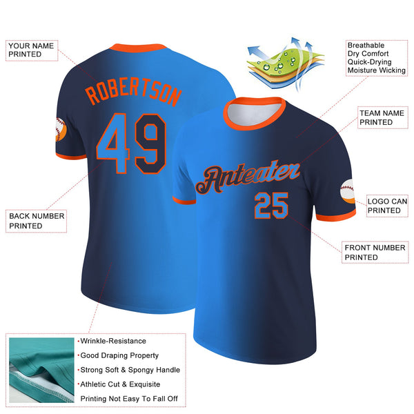 Custom Navy Powder Blue-Orange Gradient Fashion Performance T-Shirt alternate