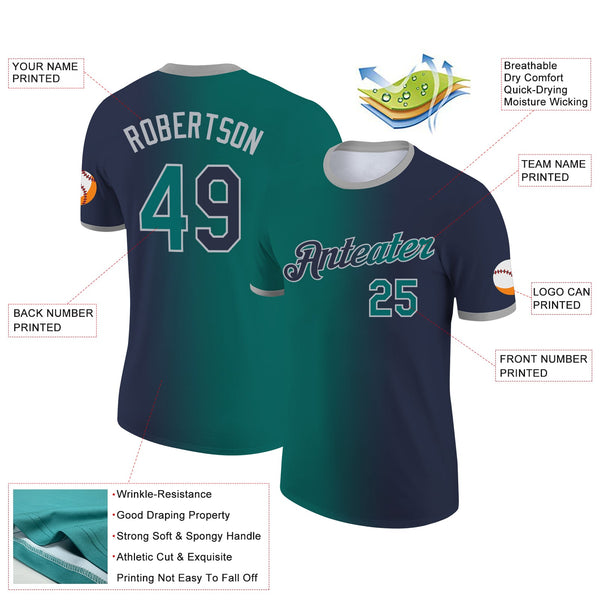 Custom Navy Teal-Gray Gradient Fashion Performance T-Shirt alternate