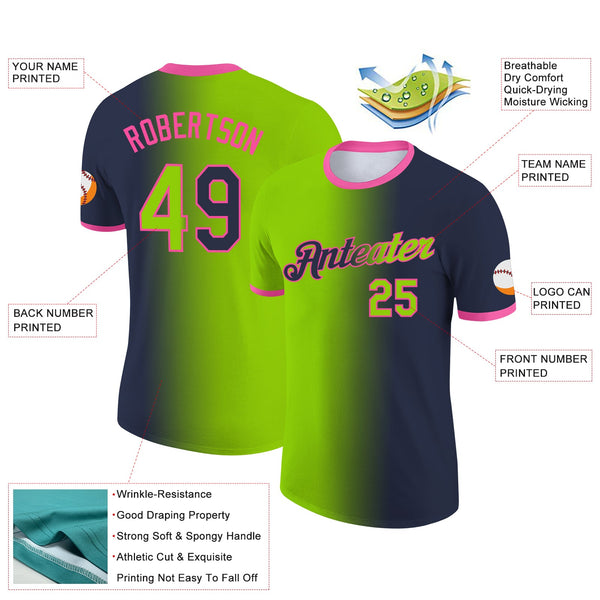 Custom Navy Neon Green-Pink Gradient Fashion Performance T-Shirt alternate