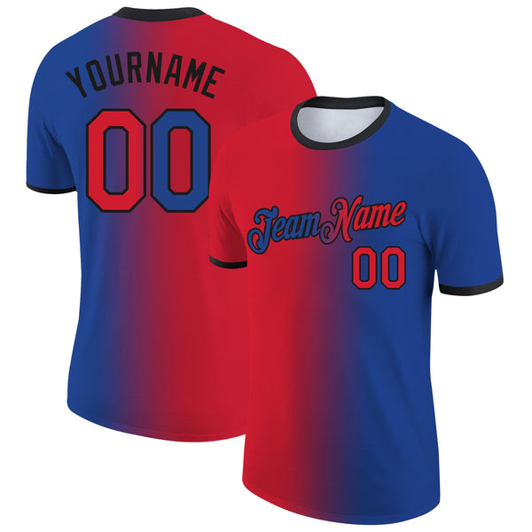 Custom Royal Red-Black Gradient Fashion Performance T-Shirt