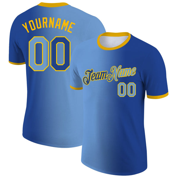 Custom Royal Light Blue-Gold Gradient Fashion Performance T-Shirt