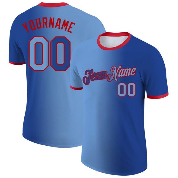 Custom Royal Light Blue-Red Gradient Fashion Performance T-Shirt