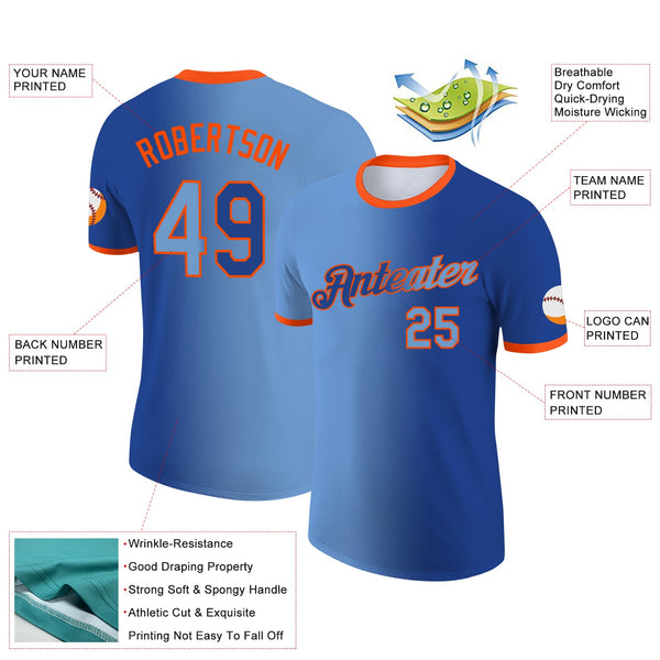 Custom Royal Light Blue-Orange Gradient Fashion Performance T-Shirt alternate
