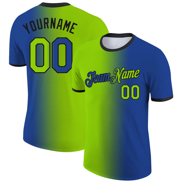 Custom Royal Neon Green-Black Gradient Fashion Performance T-Shirt