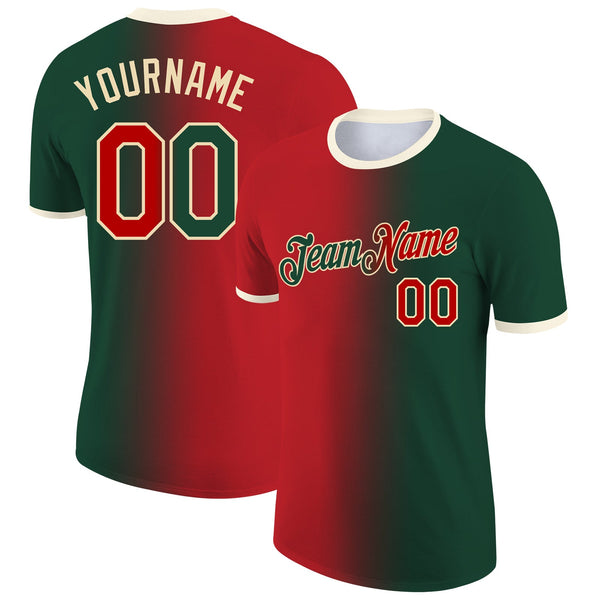 Custom Green Red-Cream Gradient Fashion Performance T-Shirt