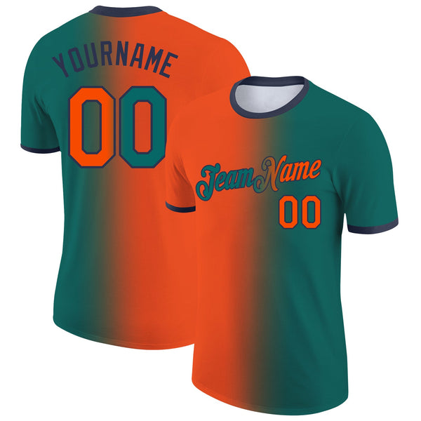Custom Teal Orange-Navy Gradient Fashion Performance T-Shirt