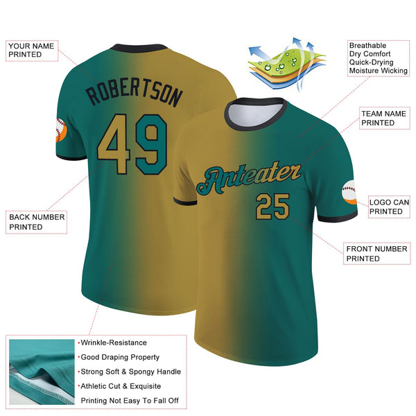Custom Teal Old Gold-Black Gradient Fashion Performance T-Shirt alternate