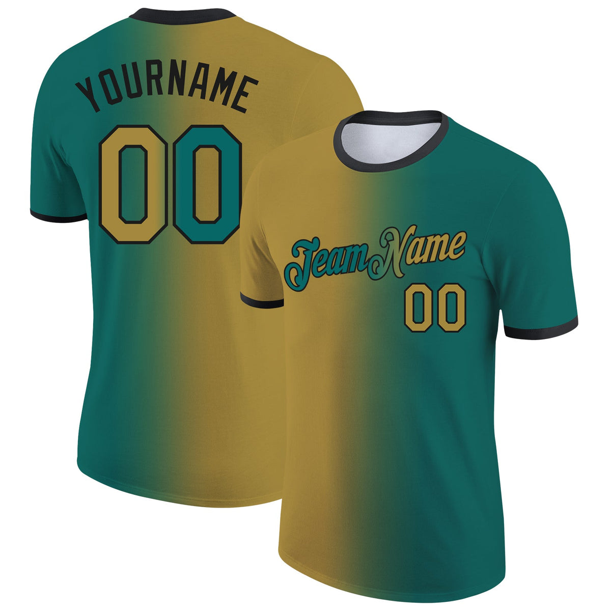 Custom Teal Old Gold-Black Gradient Fashion Performance T-Shirt