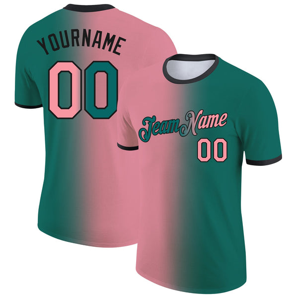 Custom Teal Medium Pink-Black Gradient Fashion Performance T-Shirt