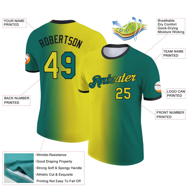 Custom Teal Neon Yellow-Black Gradient Fashion Performance T-Shirt alternate