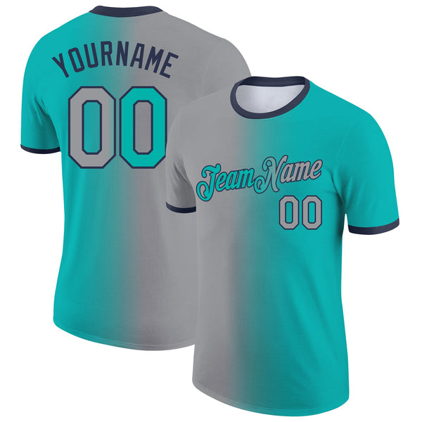 Custom Aqua Gray-Navy Gradient Fashion Performance T-Shirt